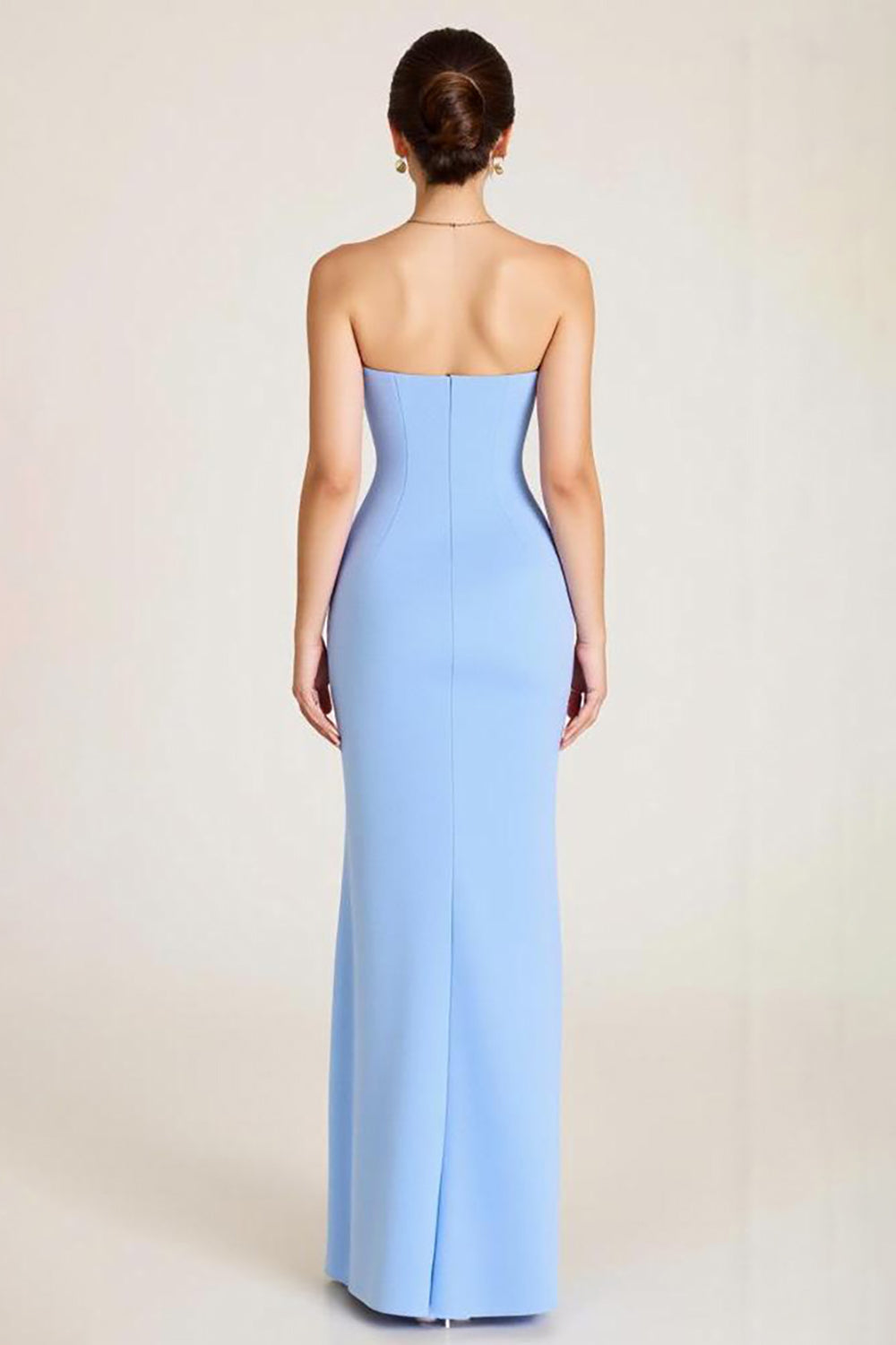 Sky Blue Satin Strapless Mermaid Ruched Long Formal Dress With Slit