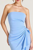 Sky Blue Satin Strapless Mermaid Ruched Long Formal Dress With Slit