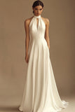 White Halter Satin A Line Backless Formal Dress