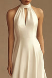 White Halter Satin A Line Backless Formal Dress