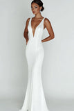 Simple White Mermaid V Neck Satin Long Formal Dress