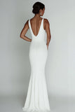 Simple White Mermaid V Neck Satin Long Formal Dress