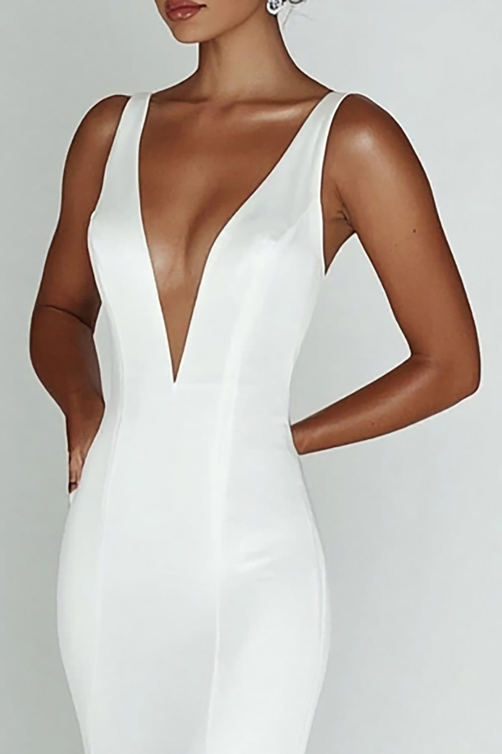 Simple White Mermaid V Neck Satin Long Formal Dress