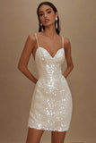 Sparkly White Sequin Spaghetti Straps Bodycon Short Graduation Dress