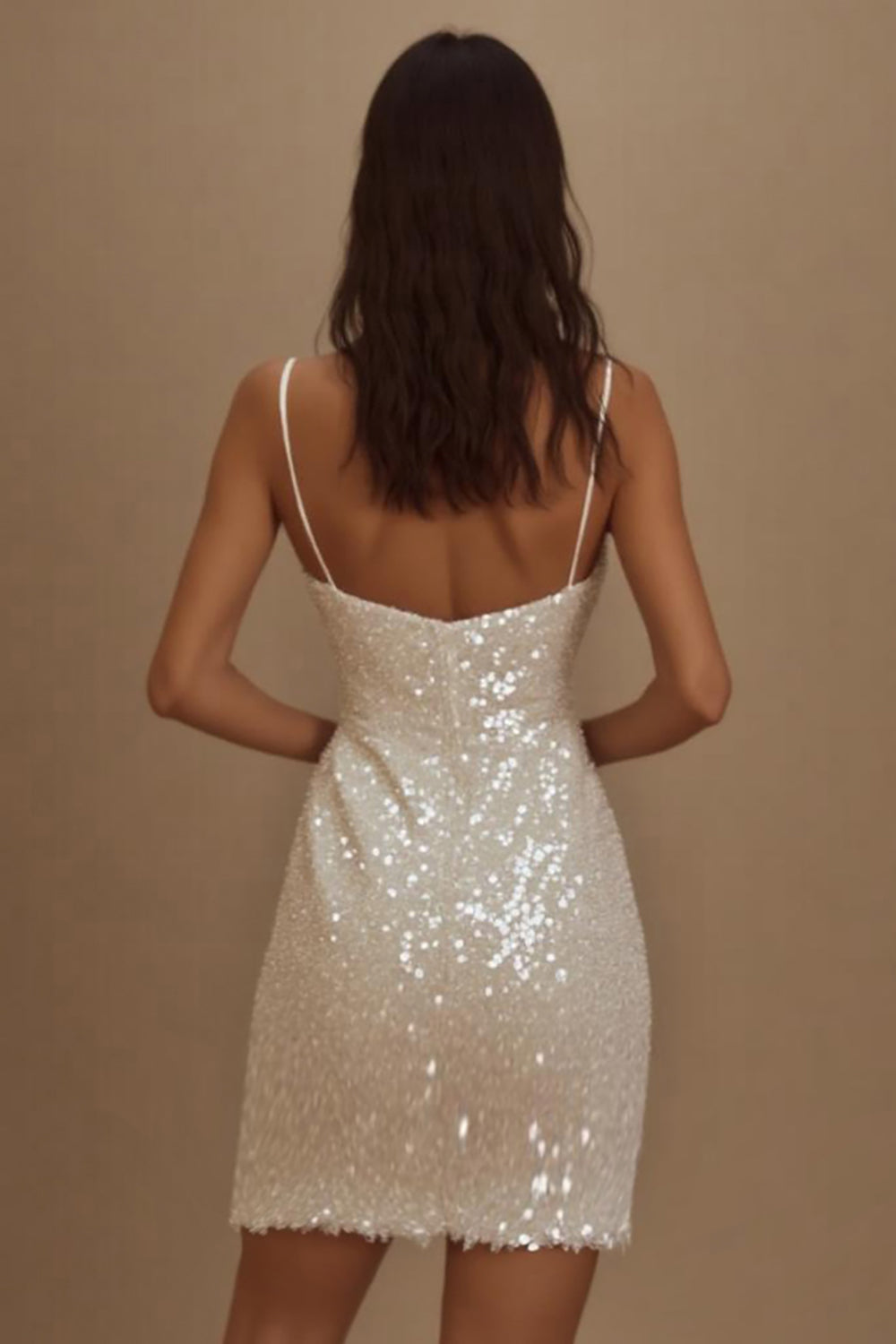 Sparkly White Sequin Spaghetti Straps Bodycon Short Graduation Dress