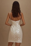 Sparkly White Sequin Spaghetti Straps Bodycon Short Graduation Dress