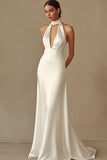 White Mermaid Halter Satin Long Formal Dress