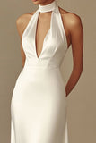 White Mermaid Halter Satin Long Formal Dress