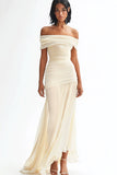 Ivory Off the Shoulder Pleated Chiffon Sheath Long Formal Dress