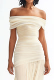 Ivory Off the Shoulder Pleated Chiffon Sheath Long Formal Dress