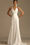 White Halter Ruched Satin Mermaid Long Formal Dress
