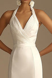 White Halter Ruched Satin Mermaid Long Formal Dress