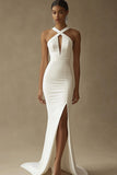 White Keyhole Satin Mermaid Long Formal Dress with Slit