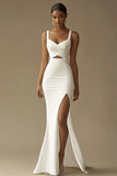 White Mermaid Satin V Neck Cut Out Long Formal Dress with Slit