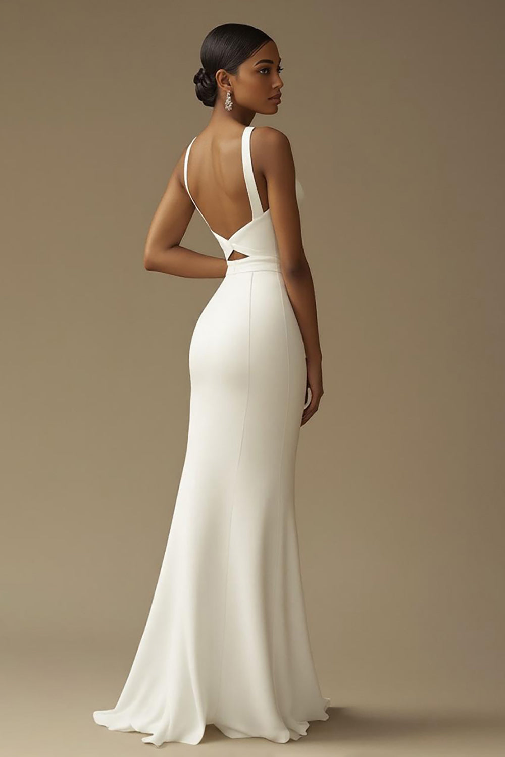 White Mermaid Satin V Neck Cut Out Long Formal Dress with Slit