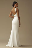 White Mermaid Satin V Neck Cut Out Long Formal Dress with Slit