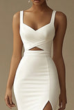 White Mermaid Satin V Neck Cut Out Long Formal Dress with Slit