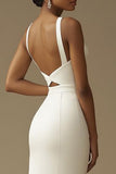 White Mermaid Satin V Neck Cut Out Long Formal Dress with Slit