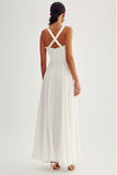Flowy White Chiffon V Neck Ruched A Line Long Formal Dress