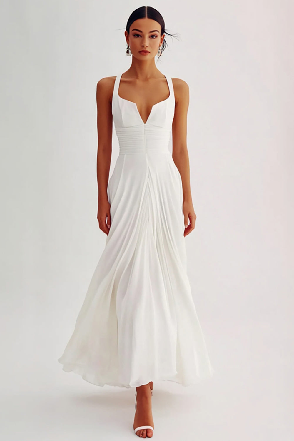 Flowy White Chiffon V Neck Ruched A Line Long Formal Dress
