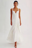 Flowy White Chiffon V Neck Ruched A Line Long Formal Dress