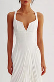 Flowy White Chiffon V Neck Ruched A Line Long Formal Dress