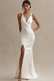 White Satin Mermaid V Neck Long Formal Dress with Slit