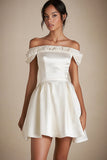 Off the Shoulder White Satin A Line Short Graduation Dress with Lace