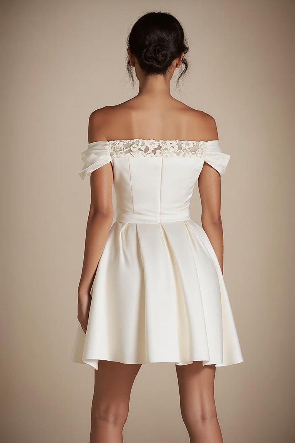 Off the Shoulder White Satin A Line Short Graduation Dress with Lace