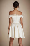 Off the Shoulder White Satin A Line Short Graduation Dress with Lace