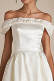 Off the Shoulder White Satin A Line Short Graduation Dress with Lace