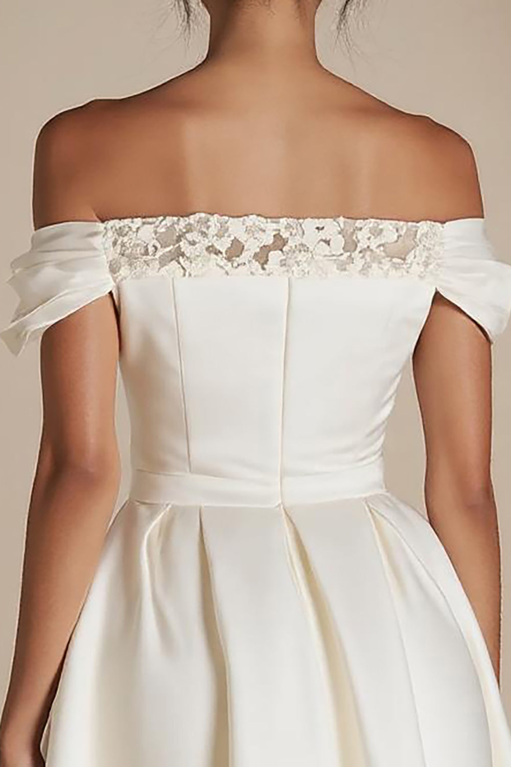 Off the Shoulder White Satin A Line Short Graduation Dress with Lace