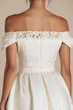 Off the Shoulder White Satin A Line Short Graduation Dress with Lace