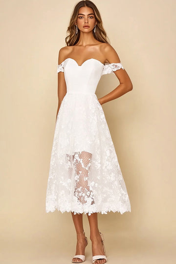 White Lace Off the Shoulder A Line Long Formal Dress