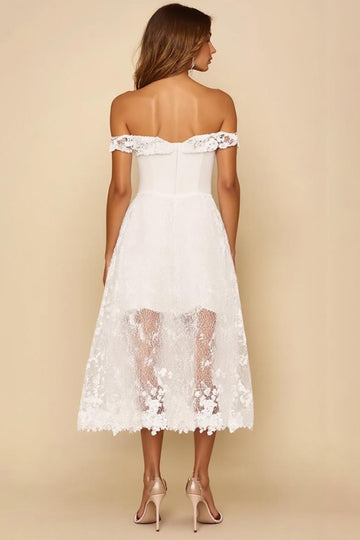 White Lace Off the Shoulder A Line Long Formal Dress
