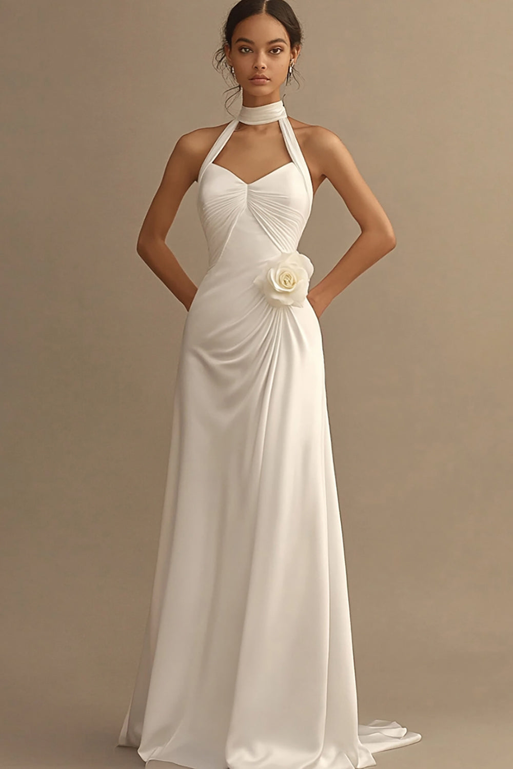 White Satin A Line Halter Ruched Long Formal Dress with 3D Flower