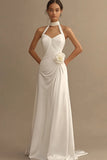 White Satin A Line Halter Ruched Long Formal Dress with 3D Flower