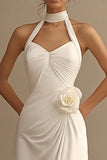 White Satin A Line Halter Ruched Long Formal Dress with 3D Flower
