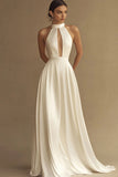 White A-Line High Neck Satin Long Formal Dress With Hollow Out