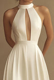 White A-Line High Neck Satin Long Formal Dress With Hollow Out
