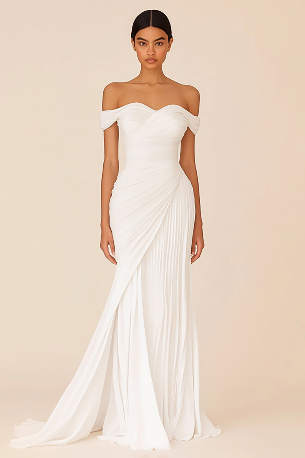 White Chiffon Sheath Off the Shoulder Pleated Long Formal Dress