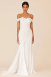 White Chiffon Sheath Off the Shoulder Pleated Long Formal Dress