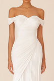White Chiffon Sheath Off the Shoulder Pleated Long Formal Dress