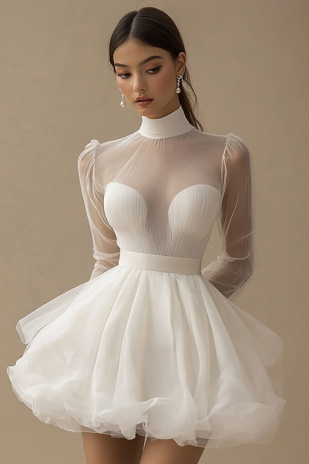 White A Line High Neck Tulle Short Graduation Dress with Long Sleeves
