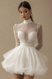 White A Line High Neck Tulle Short Graduation Dress with Long Sleeves