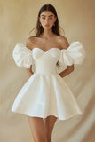 White Off the Shoulder A Line Short Graduation Dress with Puff Sleeves