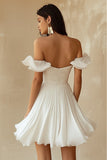 White Chiffon A Line Ruffled Off the Shoulder Pleated Short Graduation Dress