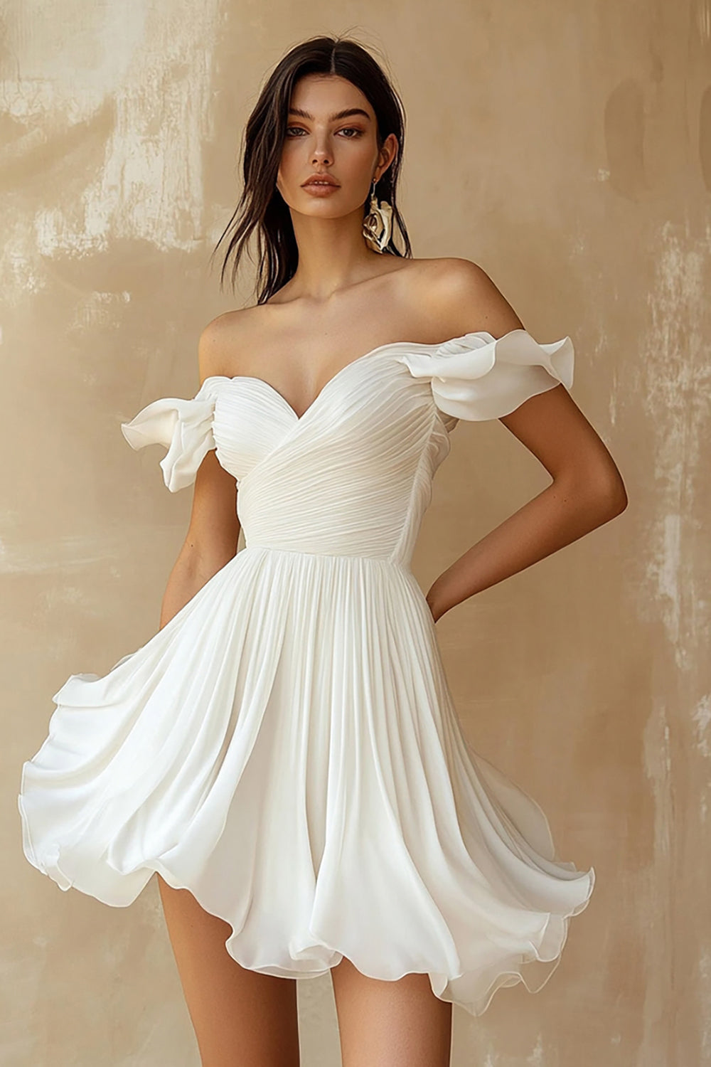 ZAPAKA Women Off the Shoulder Graduation Dress Chiffon A Line Ruffled Pleated Short Little White Dress