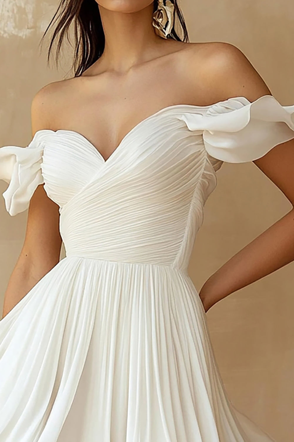 White Chiffon A Line Ruffled Off the Shoulder Pleated Short Graduation Dress