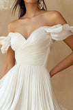 White Chiffon A Line Ruffled Off the Shoulder Pleated Short Graduation Dress